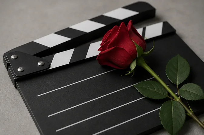 Film clapperboard with a single red rose