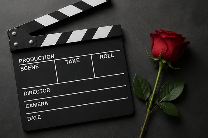 Film clapperboard representing a recorded video interview
